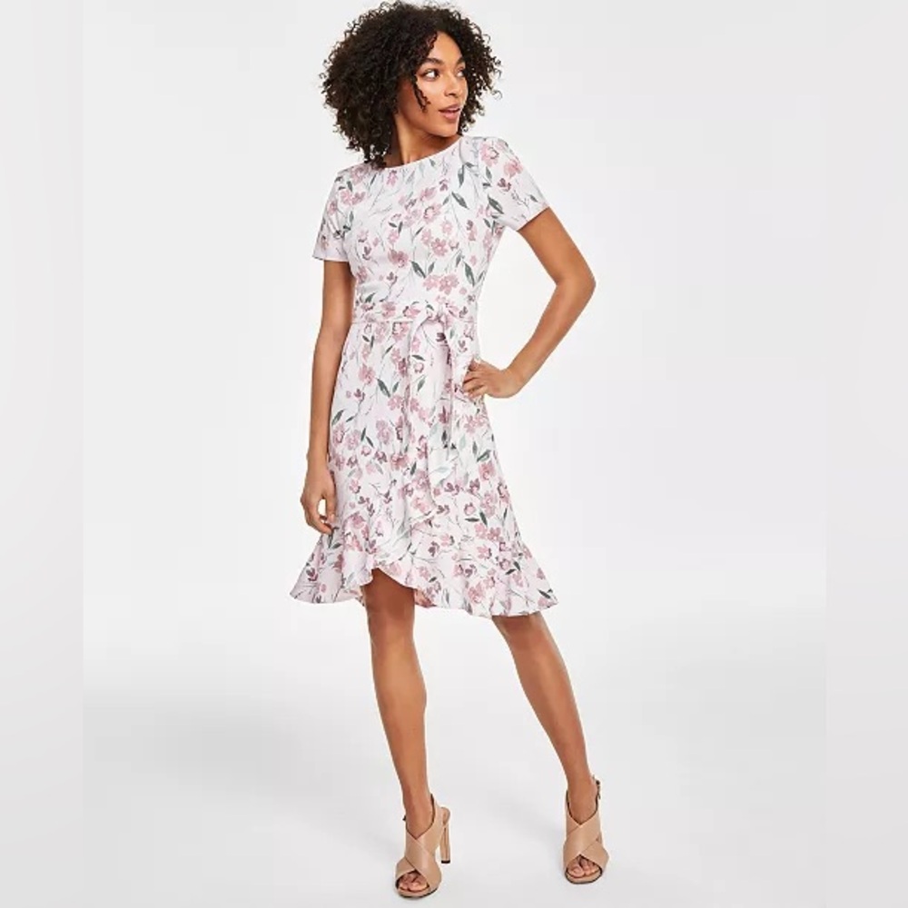 Calvin Klein - Floral-Print Short-Sleeve Ruffle-Hem Dress - Size 10